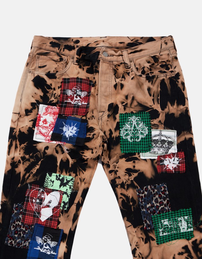 DB Decolorized Denim with Patches in Black Flames